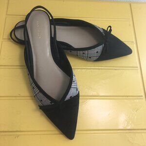 Ann Taylor, sling back flats black suede toe and plaid fabric, size 7.5